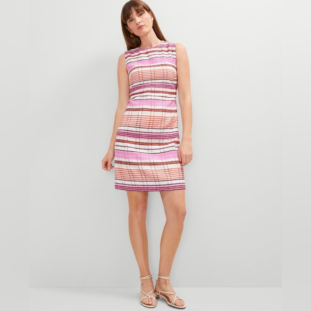 Ann Taylor Sleeveless Tweed Pink & Cream Striped Shift Dress